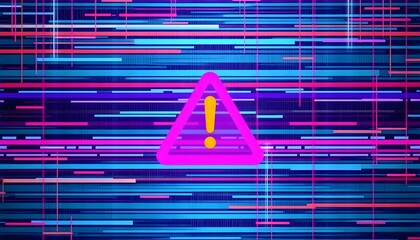 A glowing pink triangular warning sign with an exclamation mark over a background of abstract, glitchy digital data streams.