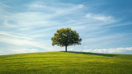 A lone tree stands on a grassy hill, with a clear blue sky above and fluffy white clouds scattered across it.