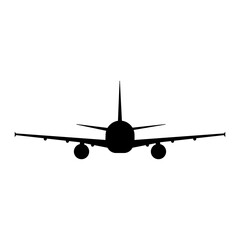 Black silhouette of a passenger plane from the front. The landing gear, wings and tail are visible. Vector illustration for design, transport, aviation and logistics.