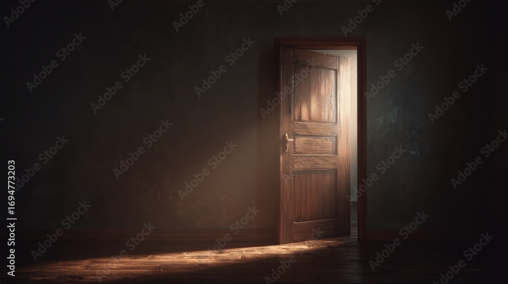 Poster minimalist wooden door slightly ajar in a dark room with soft sunlight streaming through opening cre