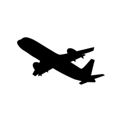 Black silhouette of a passenger plane in flight.Vector illustration for design, transport, aviation and logistics.