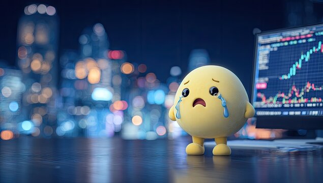 Sad emoji figure in front of a city skyline with a stock market graph - Powered by Adobe