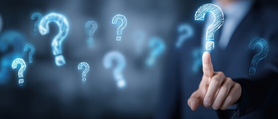 The Question Mark Hovering Over Businessman's Finger Suggesting Virtual Uncertainty And Decision-Making