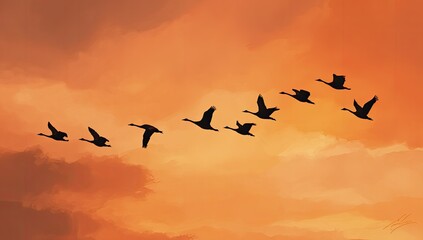 Obraz premium Silhouette birds in flight, sunset sky