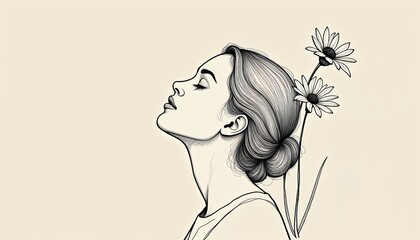Naklejka premium Elegant minimalist line drawing of woman with eyes closed, head tilted back, surrounded by delicate flowers. Black, white illustration features intricate linework, smooth shading, clean botanical