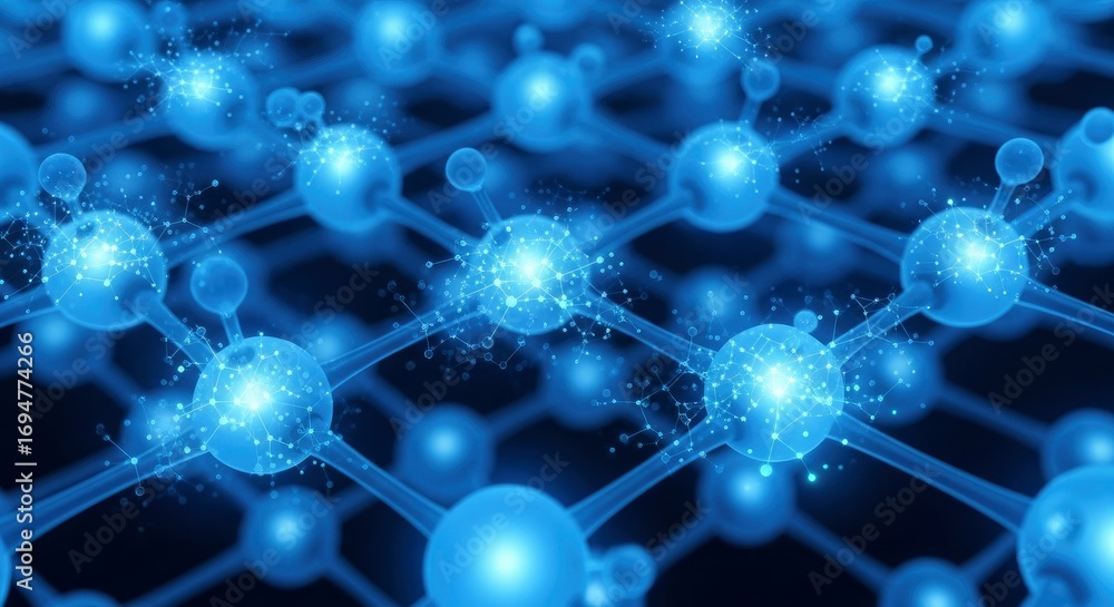 Poster glowing blue spheres connected by translucent rods form a lattice structure with radiating bright po