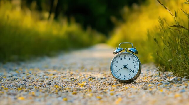 A small, round, silver alarm clock with a white face and black numbers and hands sits on a gravel path surrounded by yellow flowers and green grass. - Powered by Adobe