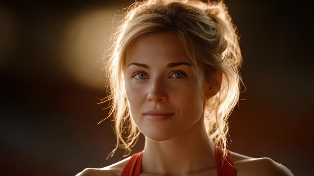 Blonde woman bathed in sunlight with warm smile full of hope