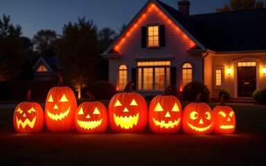 Night shot of illuminated pumpkins in front of a house. High quality