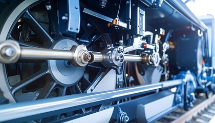 Close-up view of a train's engine mechanism