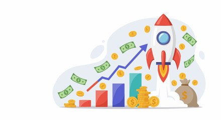 Financial growth concept with rocket, charts, and money symbols  