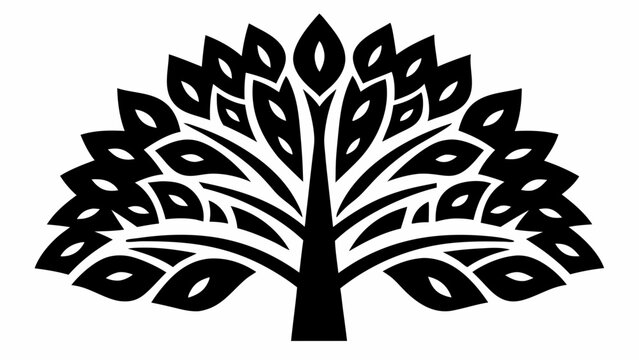 Stylized black tree with teardrop shaped leaves and branches on a white background in a symmetrical design