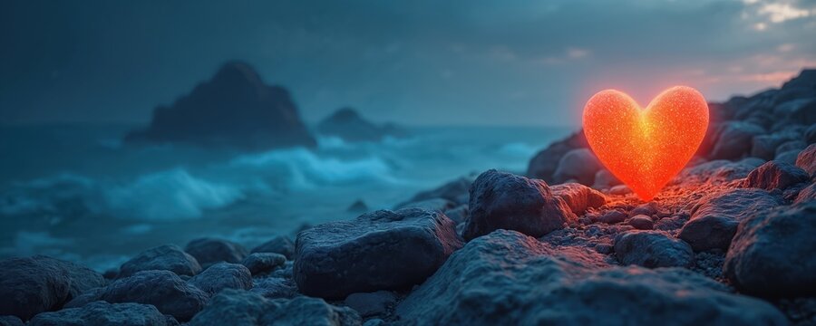 Glowing red heart sits on rocky shore with blue ocean waves in background. Abstract illustration conveys feelings of love, hope, or loneliness against a stark, natural landscape.