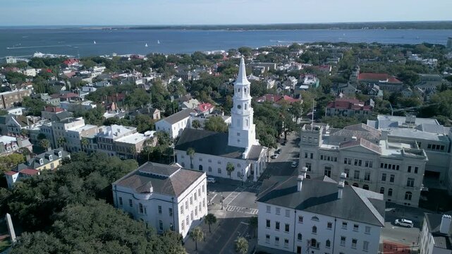 Charleston South Carolina aerial drone shot of the city during the day.