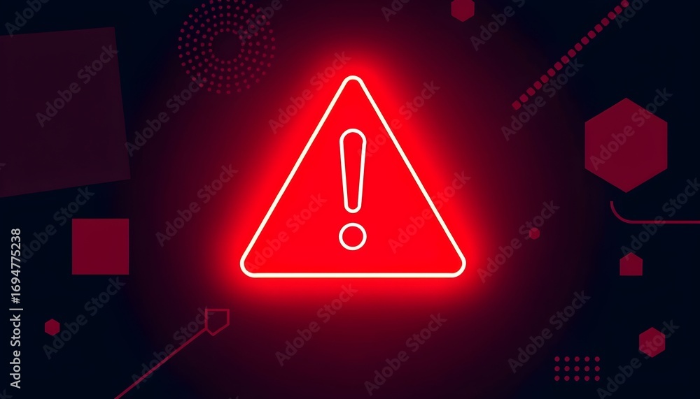 Poster a glowing red triangular warning sign with an exclamation mark on a dark abstract digital background