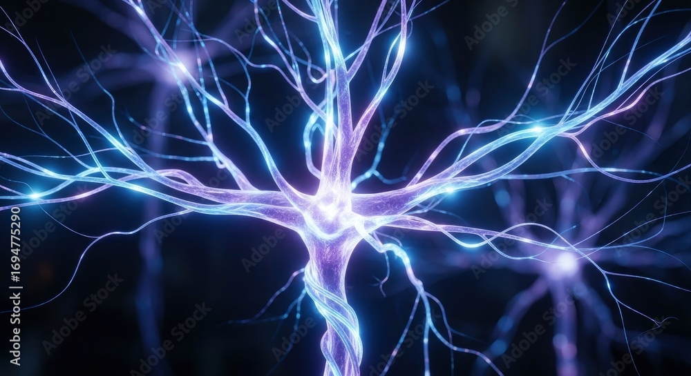 Poster glowing interconnected branching structures in blue and purple with bright light points against a da