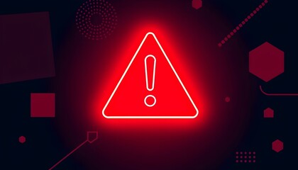 A glowing red triangular warning sign with an exclamation mark on a dark abstract digital background.