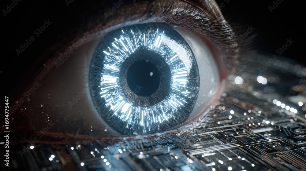 Poster extremely detailed close-up of a human eye with intricate glowing iris and reflections emphasizing b
