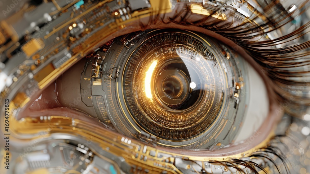 Poster close-up of human eye with digital circuitry and technology elements creating a futuristic cyberneti