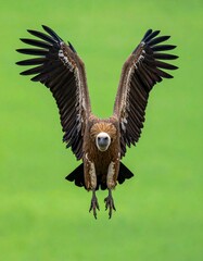 Obraz premium buitre leonado (Gyps fulvus) en primer plano, sobrevolando, con las alas extendidas y el plumaje detallado en tonos marrones y beige. Fondo completamente verde uniforme tipo chroma key