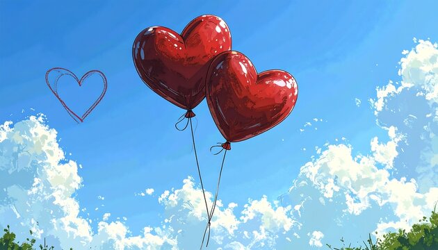 Two red heart balloons float in a vibrant blue sky dotted with fluffy white clouds