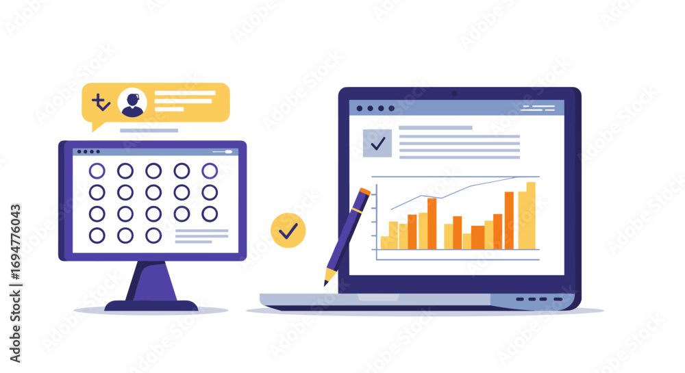 Poster digital workspace with interactive laptop and desktop displaying data analytics