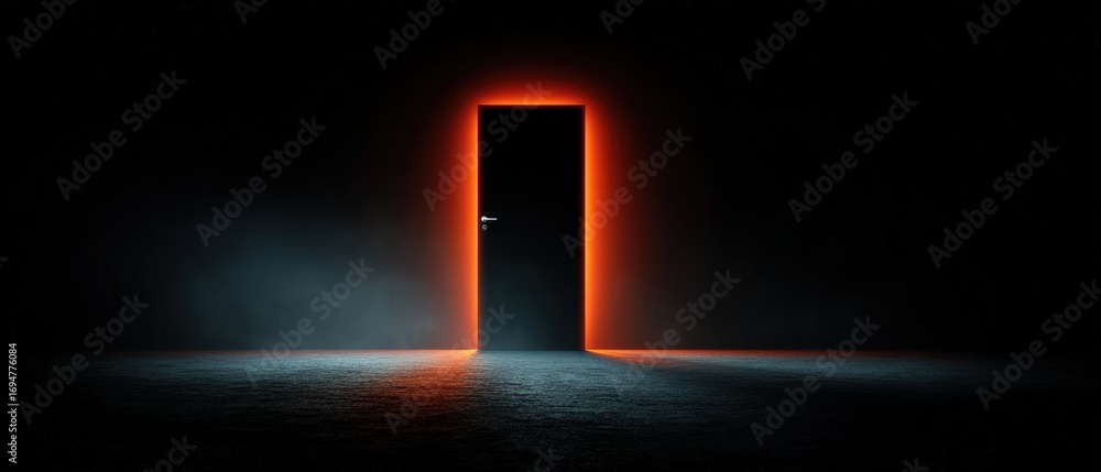 Poster dark mysterious door illuminated by vibrant orange glow in a shadowy empty space creating an intrigu