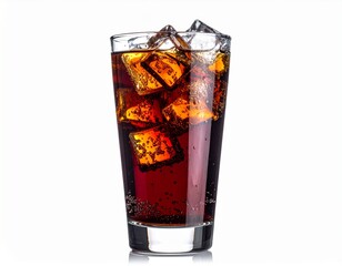 白背景にグラスに入っている氷入りのコーラ	