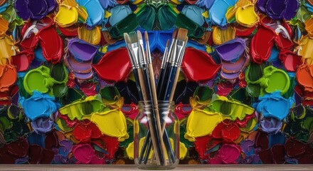 A clear glass jar holds various paintbrushes set against a vibrant textured background of thick multi-colored paint swatches on a wooden surface