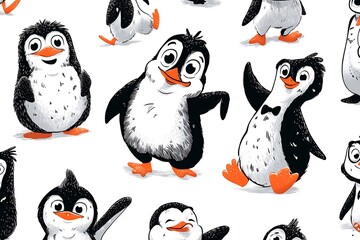 Naklejka premium A fun, vector illustration of penguins, each with unique poses and expressions, forming a whimsical pattern on a white background.