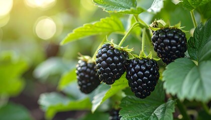 Close-up shot of ripe, black berries growing on a thorny vine. 