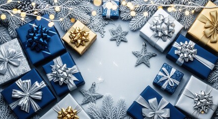A collection of blue silver and gold wrapped gifts with bows surrounded by frosted branches string lights pinecones and silver star ornaments on a glittery surface