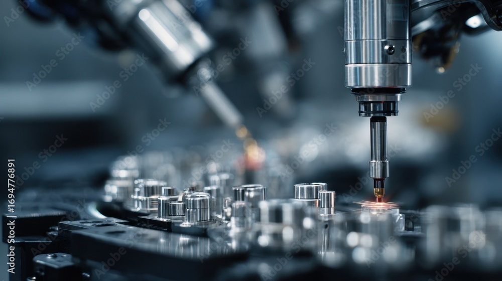 Poster close medium shot capturing a robotic system assembling delicate mechanical components while the blu