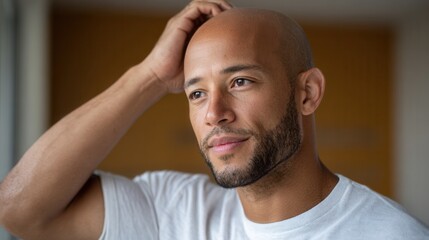 Obraz premium A thoughtful man with a beard and bald head gazes out of a window, reflecting on life. The setting is bright and inviting, creating a calm mood.