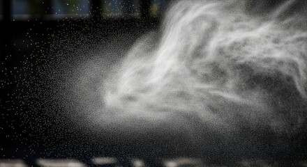 A dense cloud of fine white particles or droplets disperses into individual points against a dark blurred background illuminated to highlight the mists movement