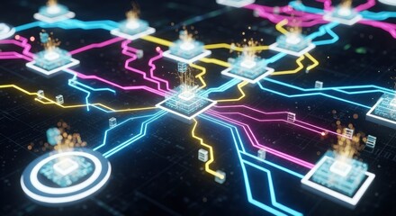 Glowing neon data lines connect multiple active processing nodes on a dark grid-patterned surface showing intricate data streams
