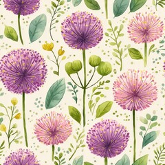 Watercolor Seamless Pattern Of Purple Allium Flowers And Green Leaves Illustration