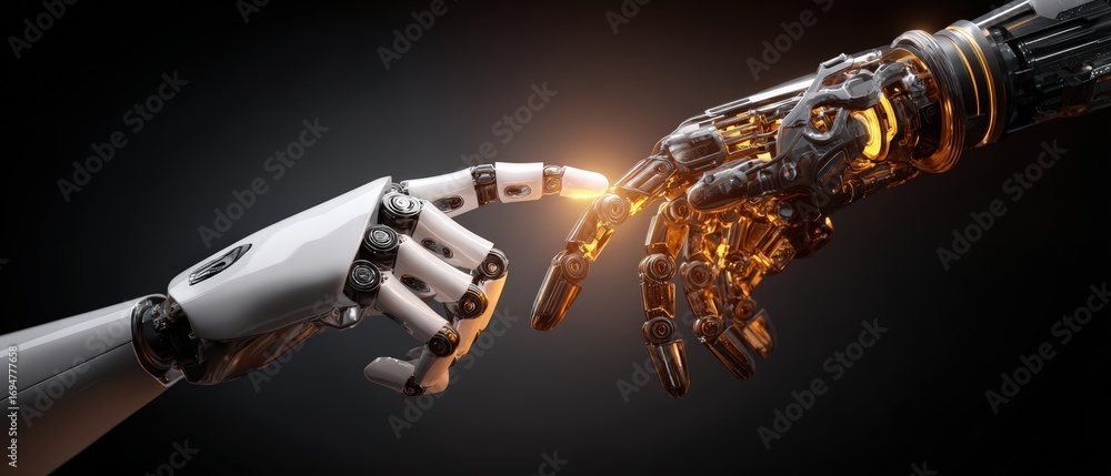 Poster highly detailed futuristic robot hand reaching out and touching human hand with glowing lighting eff