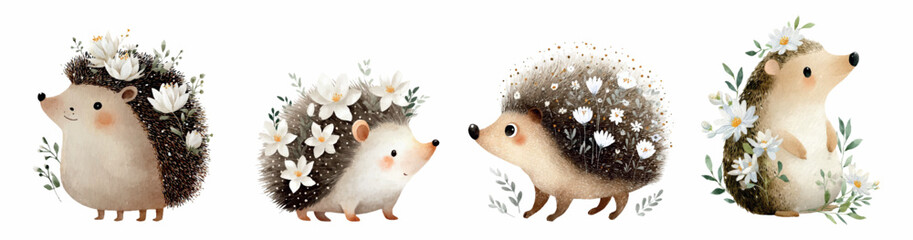 Set of cute hedgehogs with white watercolor flowers. Cartoon hedgehogs whose needles are decorated with white flowers. Watercolor forest characters. Spring animals with watercolor flowers