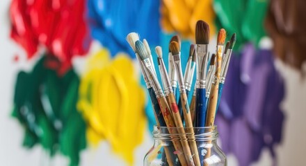A glass jar holds many used paintbrushes with colorful bristles set against a blurred background of large vibrant paint strokes in red blue yellow and green