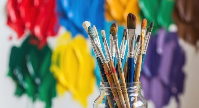 A glass jar holds many used paintbrushes with colorful bristles set against a blurred background of large vibrant paint strokes in red blue yellow and green