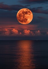 Blood Moon Rising Fiery Lunar Reflection Over Calm Ocean Waters at Twilight
