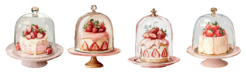 Watercolor set of cakes in glass flasks. Strawberry cake with white cream and raspberry berries on a stand covered with a glass cap. Vintage display case with desserts.