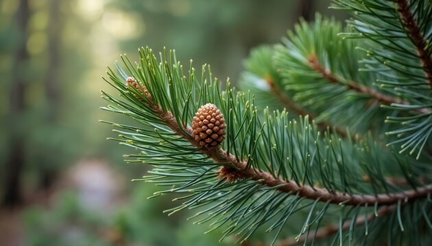 Closeup photo of maritime pine branch with green needles, brown conifer cone. Pinus Pinaster, also known as cluster pine, native to Mediterranean region. Evergreen tree natural wood texture in summer