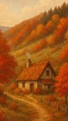 Naklejka premium [cottage in fall hillside mobile wallpaper]