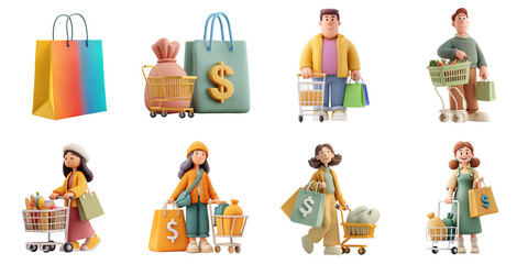 Animation Shopping cart and bag transparent mockup isolated png with no background.