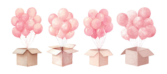 Pink watercolor balloons flying out of a box. An open cardboard box from which a group of pink balloons fly into the air. Romantic elements for birthday, greetings, Valentine's Day. © Narin