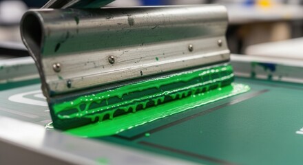 A metallic squeegee applies vibrant green ink across a dark surface leaving dripping trails The screen printing process is in action with a faint pattern emerging