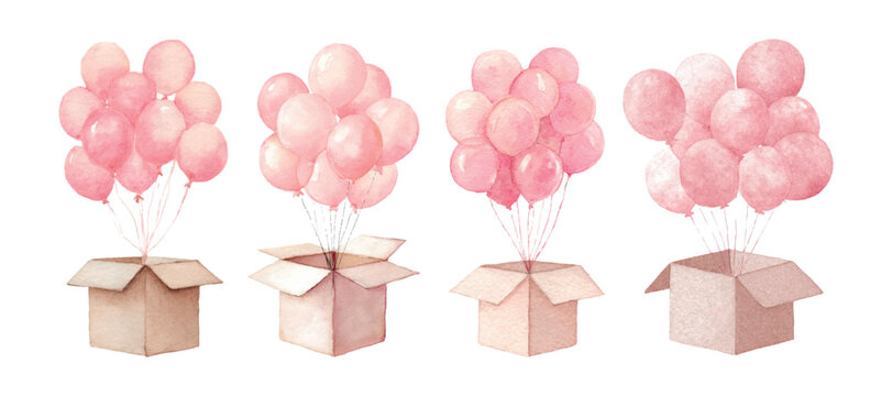 Pink watercolor balloons flying out of a box. An open cardboard box from which a group of pink balloons fly into the air. Romantic elements for birthday, greetings, Valentine's Day.