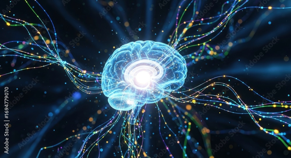Poster glowing translucent brain central to a dark field interconnected by vibrant light-dotted neural path